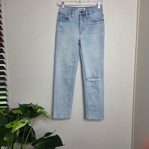 Madewell Mid Rise Classic Straight Jeans Size 24 Light Wash Distressed Denim‎